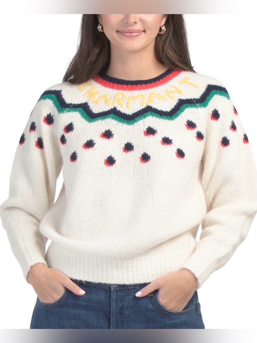 Clare V. Charmant Fair Isle Wool Alpaca Blend Sweater Ivory Cream Size Medium